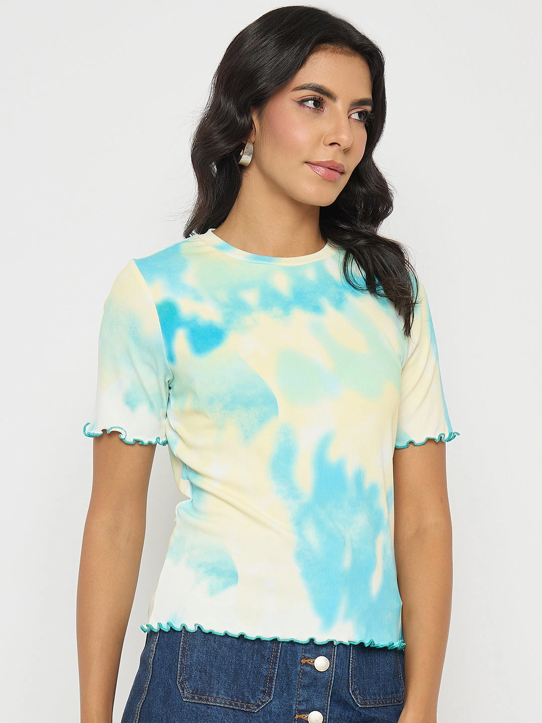Madame Tie-Dye Lettuce Hem Aqua Blue T-Shirt Practical Wear
