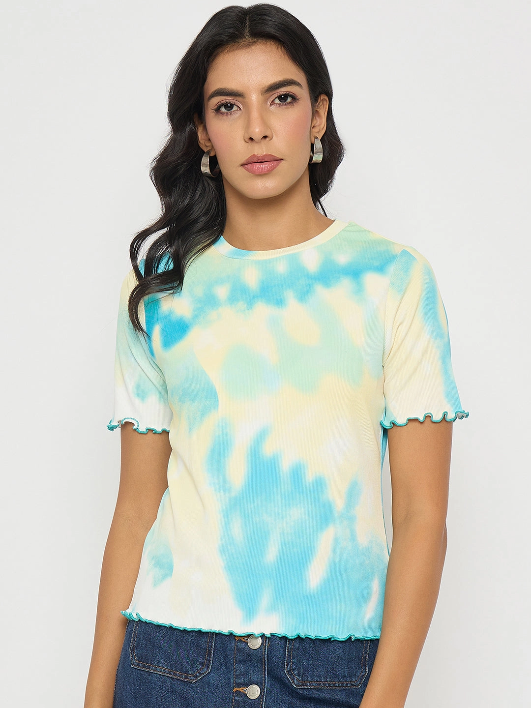Madame Tie-Dye Lettuce Hem Aqua Blue T-Shirt Fresh Style Trend Athletic Comfort Wear