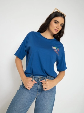 Madame Graphic Adorned Royal Blue Cotton T-Shirt Simple Yet Elegant