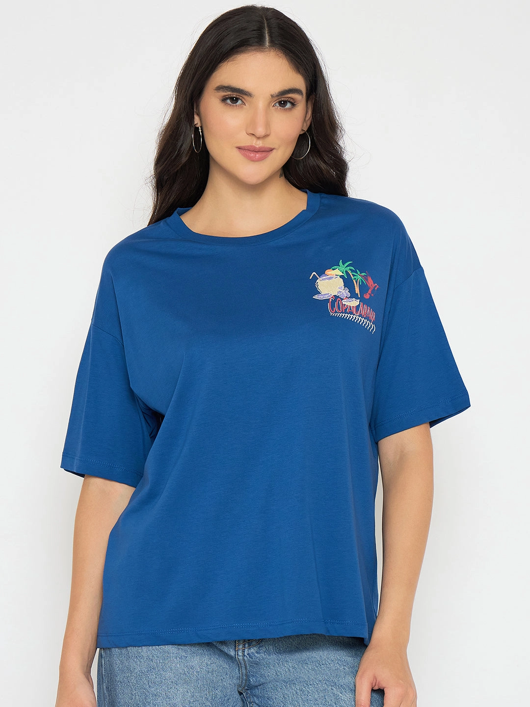 Madame Graphic Adorned Royal Blue Cotton T-Shirt Outdoor Essentials