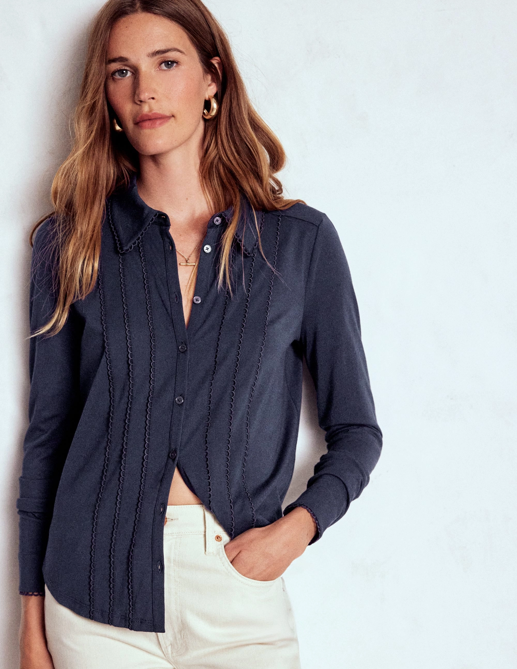 Picot Trim Jersey Shirt-Navy summer look AntiOdorTechnology