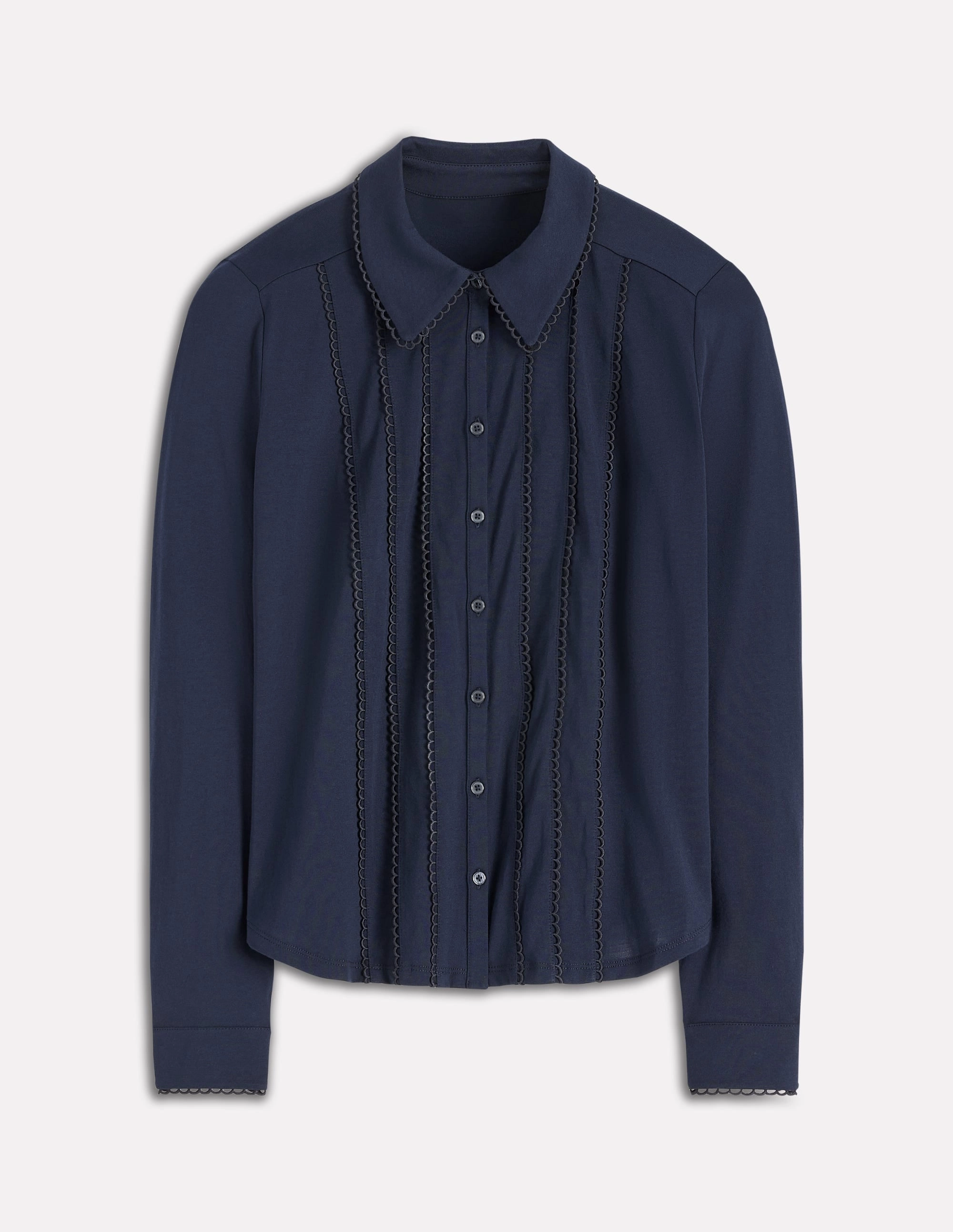Picot Trim Jersey Shirt-Navy wrinkle free finish Casual Sweater