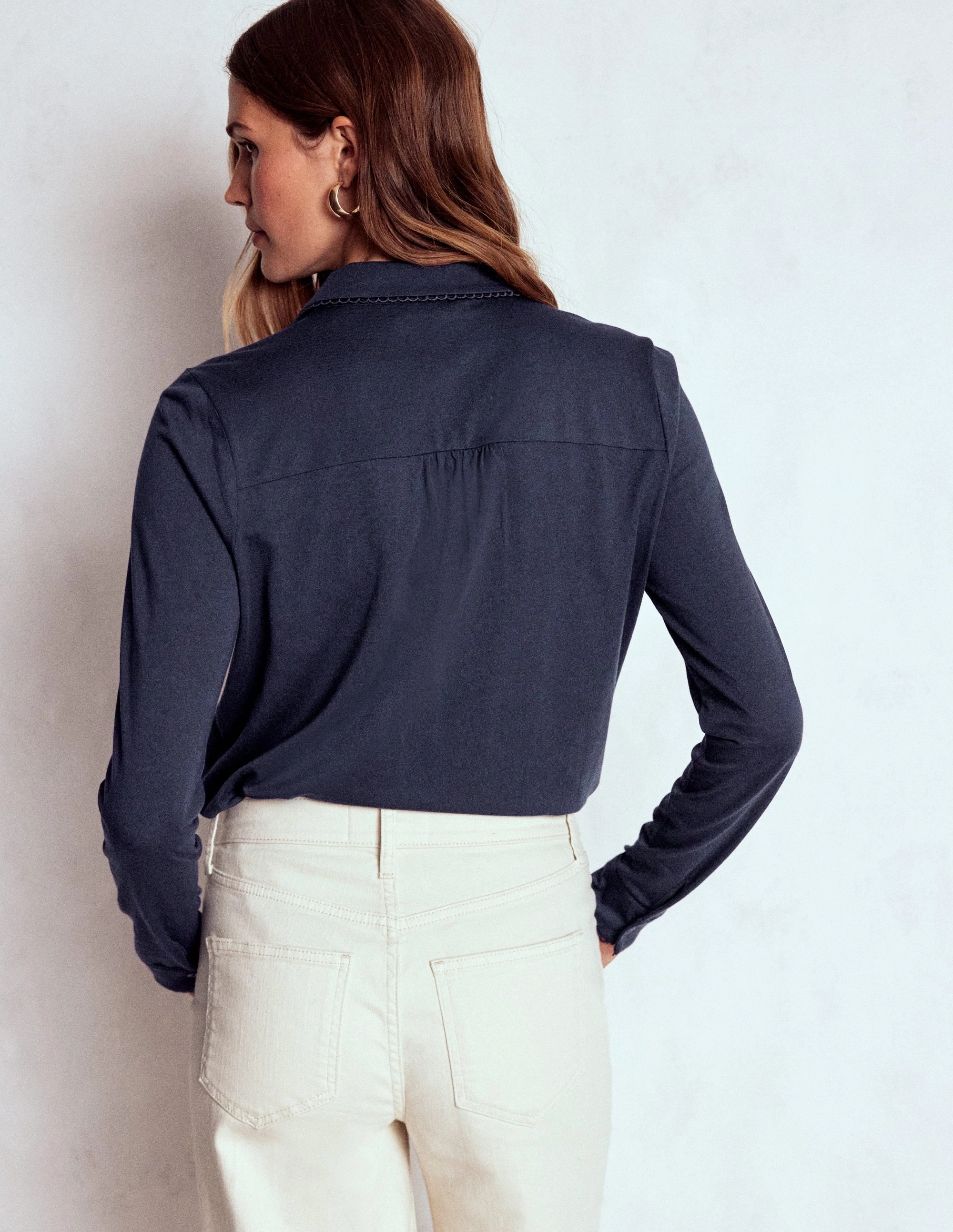 Picot Trim Jersey Shirt-Navy High Durability Material Knit Fabric Technology