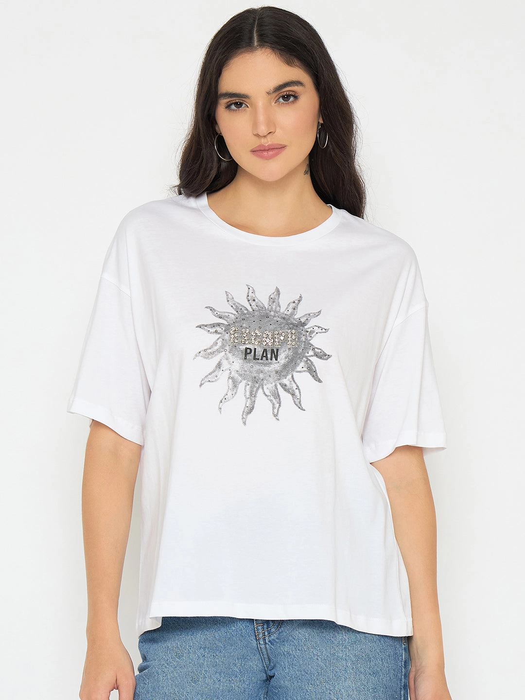 Madame Graphic Print White Cotton T-shirt Chic Smart Striped modernity