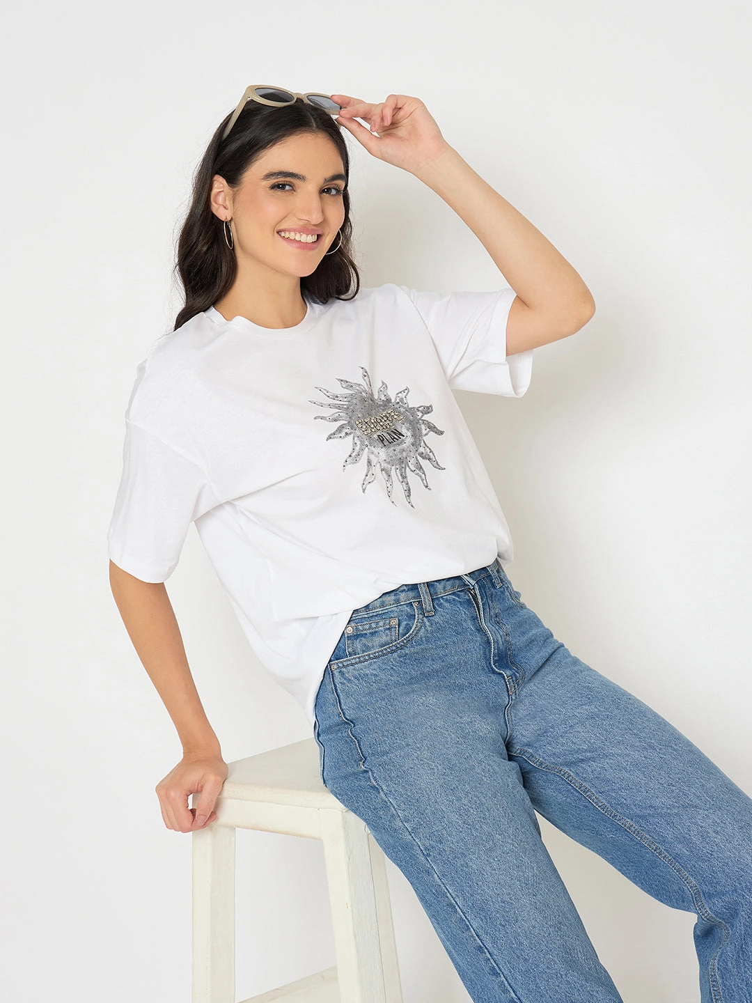 Madame Graphic Print White Cotton T-shirt Relaxed Wear BreathableMeshLining