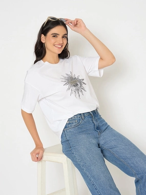 Madame Graphic Print White Cotton T-shirt Relaxed Wear BreathableMeshLining