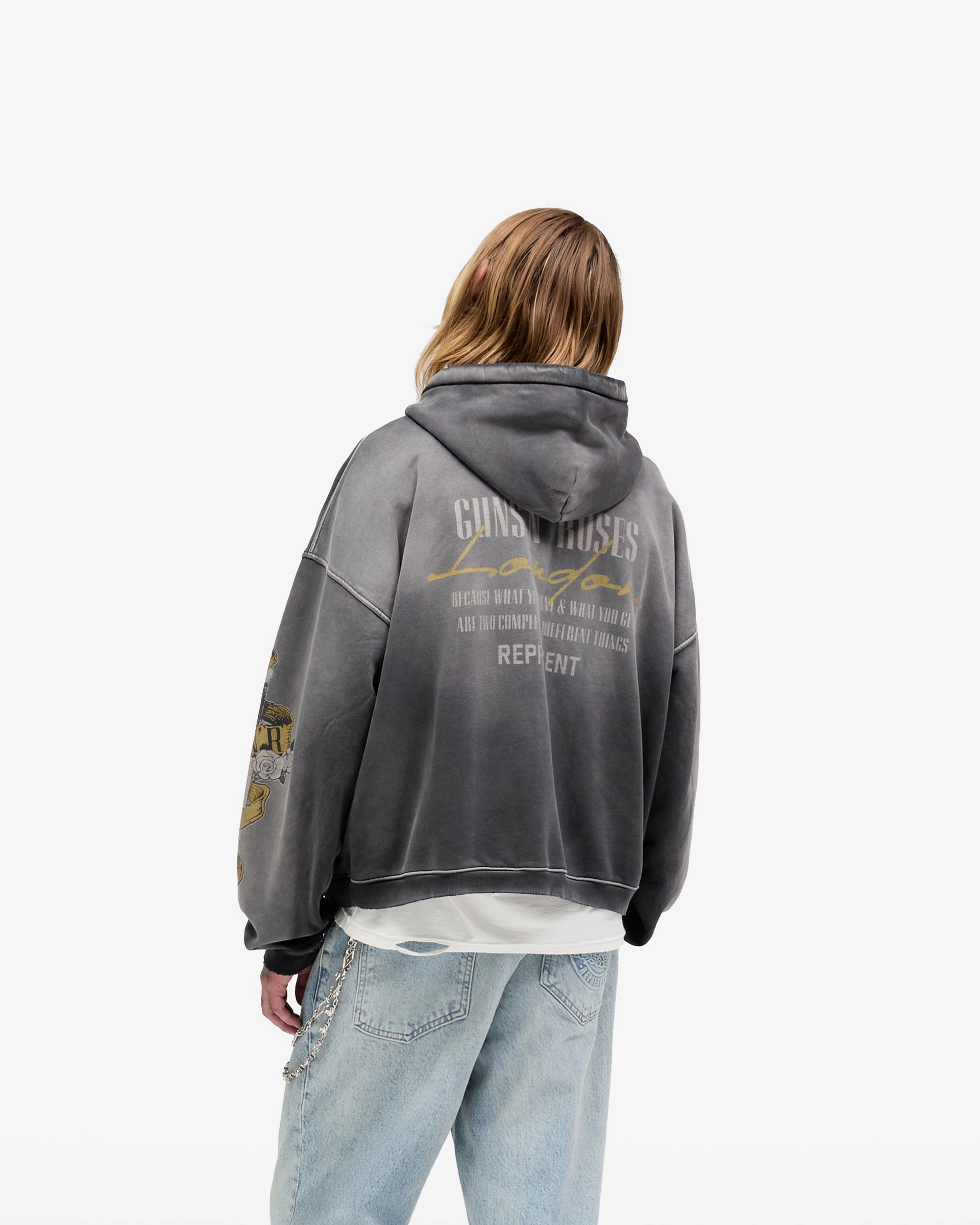 Minimalist Trim Recycled Polyester Represent X Guns N' Roses Cross Zip Through Hoodie - Stained Black