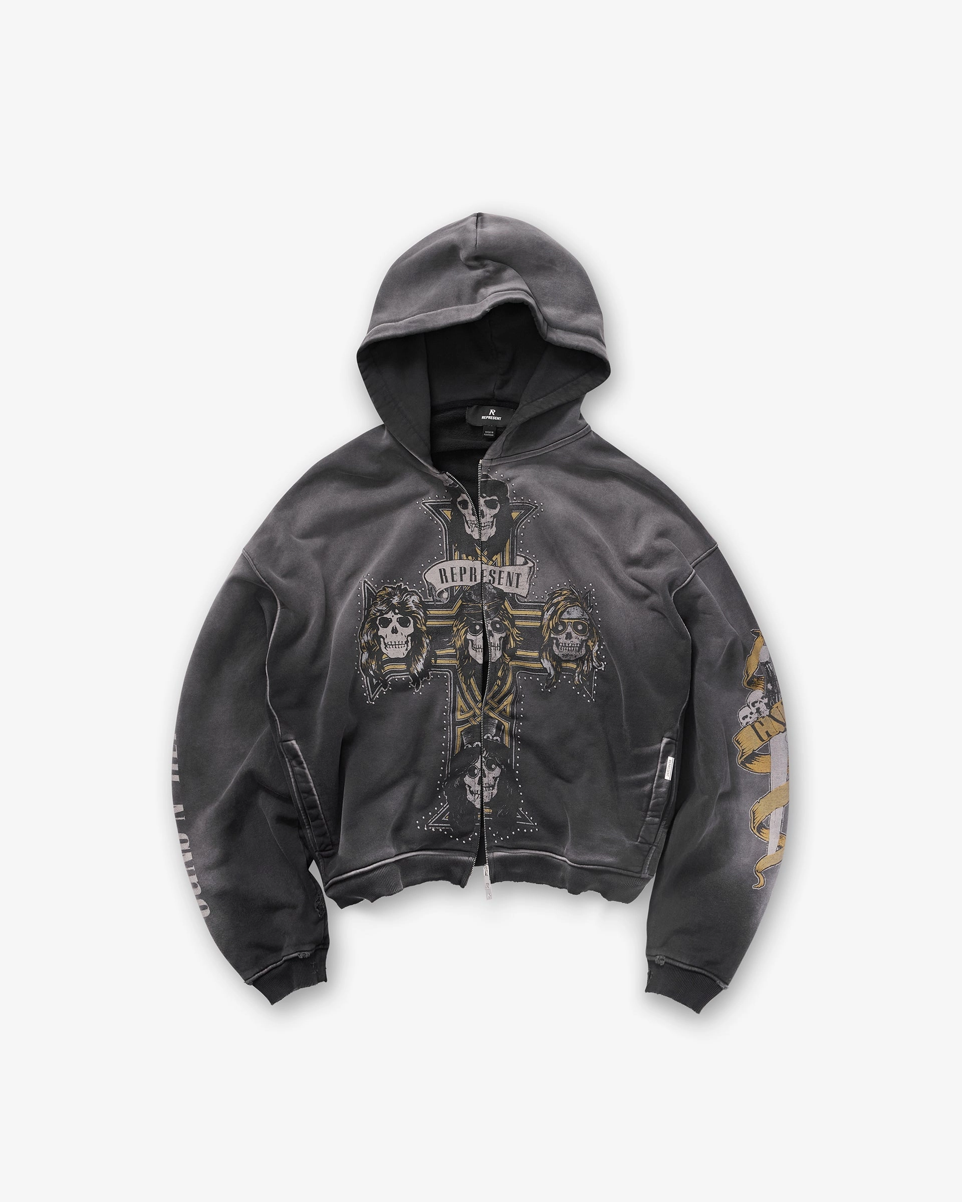 Eco Friendly Dye Process Represent X Guns N' Roses Cross Zip Through Hoodie - Stained Black
