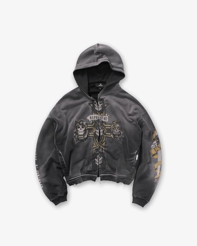 Eco Friendly Dye Process Represent X Guns N' Roses Cross Zip Through Hoodie - Stained Black