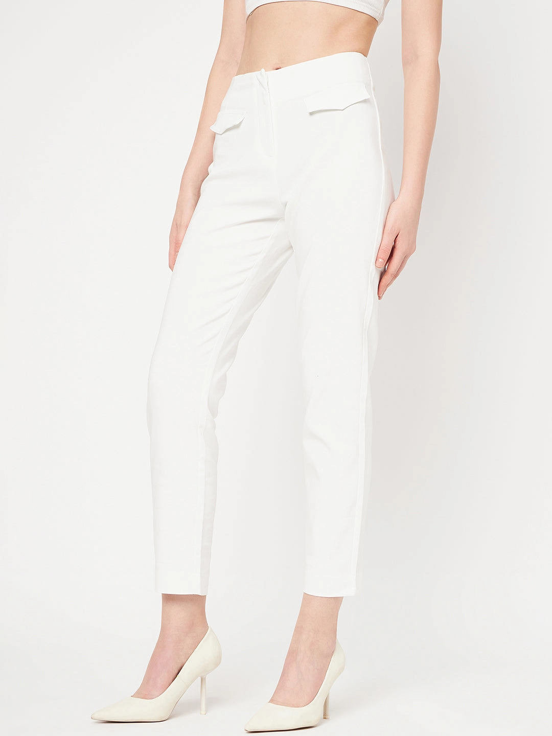 Madame White Solid Trouser work mode Urban Ready