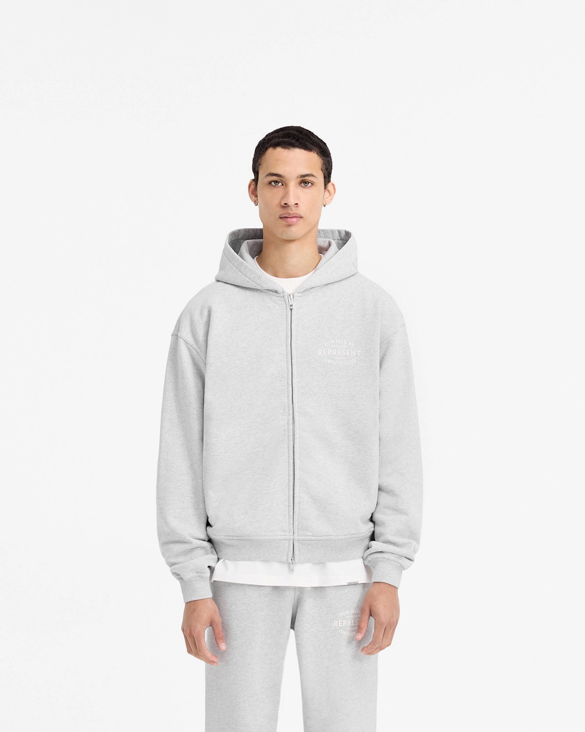 Represent Owners Club Stamp Zip Up Hoodie - Ash Grey Roomy Comfort