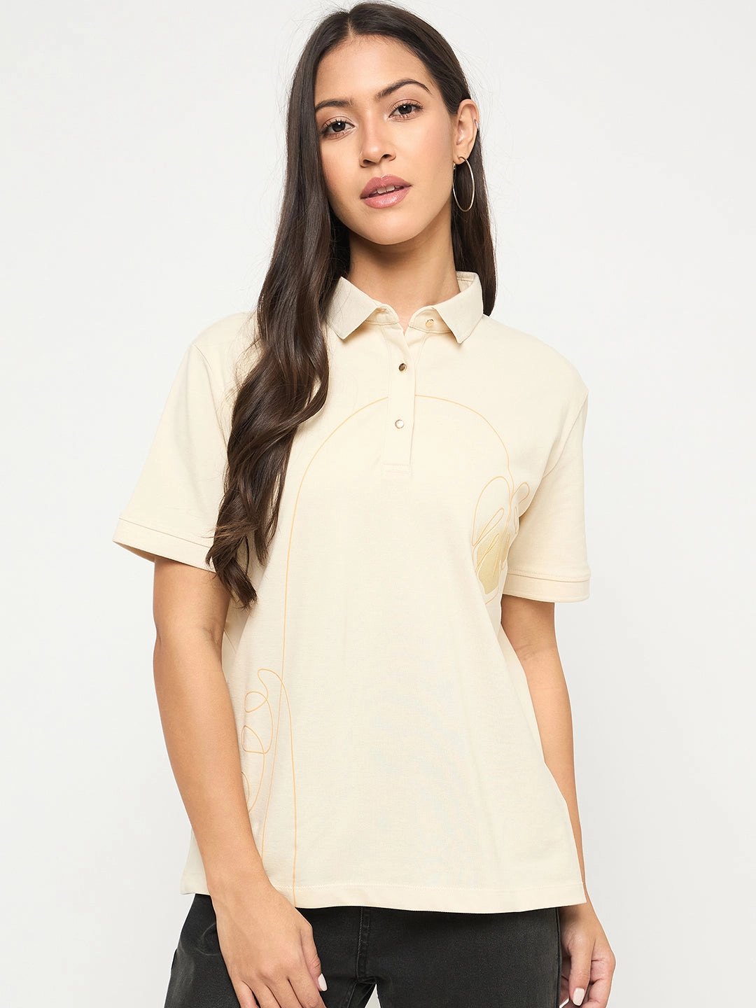 NonIrritatingTags Relaxed Wearable Madame Botanical Print Beige Cotton Blend Polo T-shirt