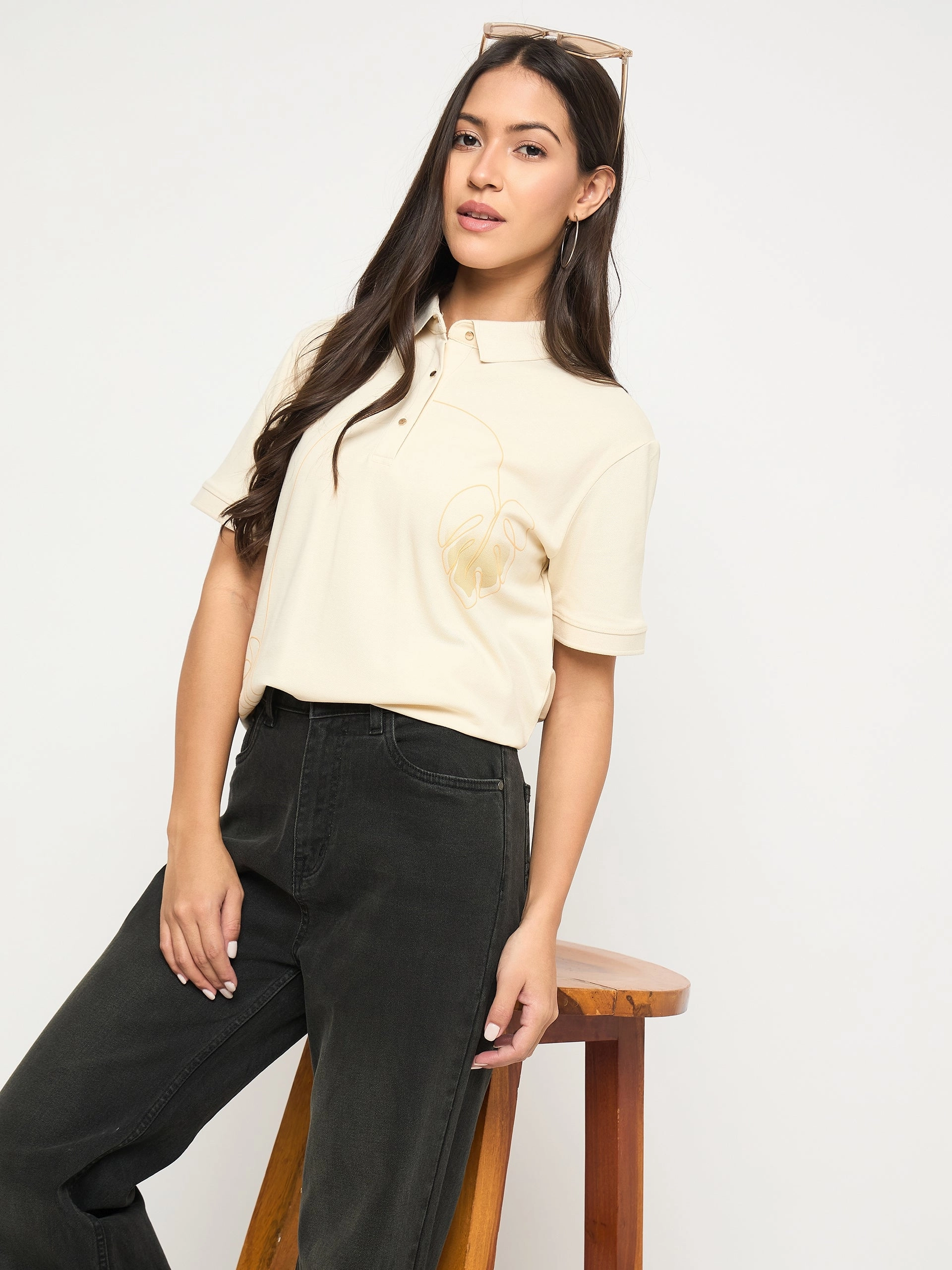 City Smart Street Comfort Madame Botanical Print Beige Cotton Blend Polo T-shirt