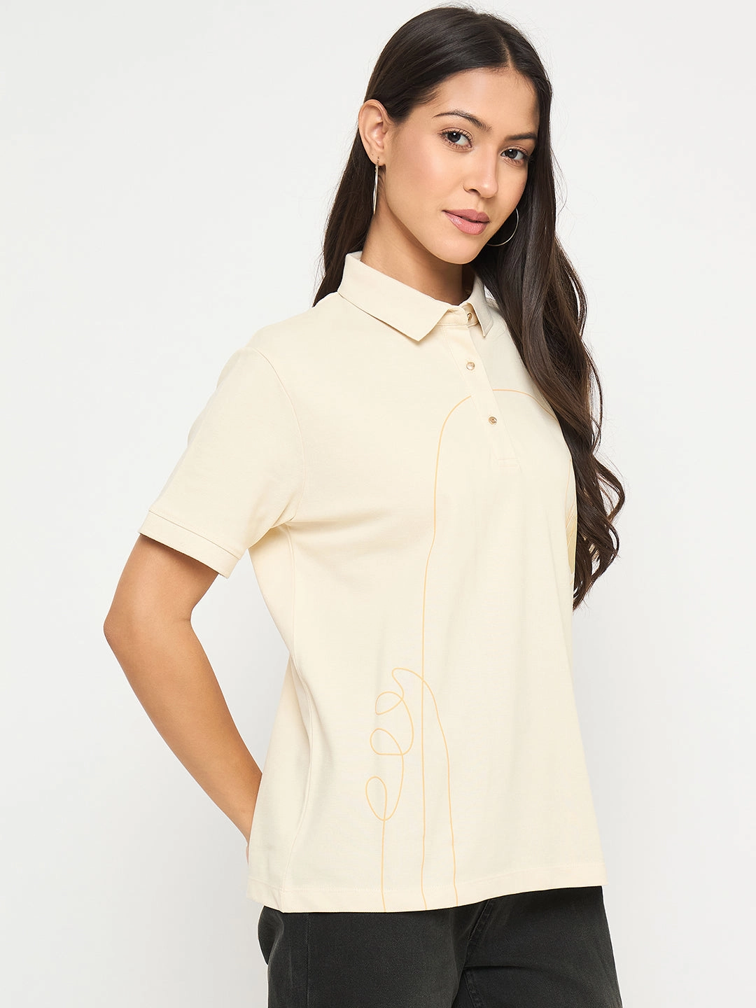 Seasonal Comfort Style Stretchable Armholes Madame Botanical Print Beige Cotton Blend Polo T-shirt