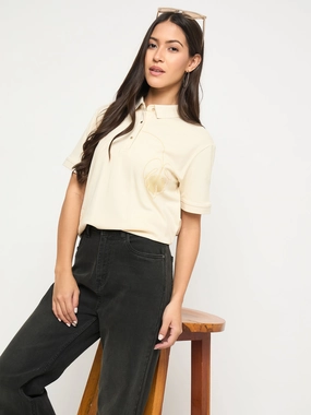 City Smart Street Comfort Madame Botanical Print Beige Cotton Blend Polo T-shirt