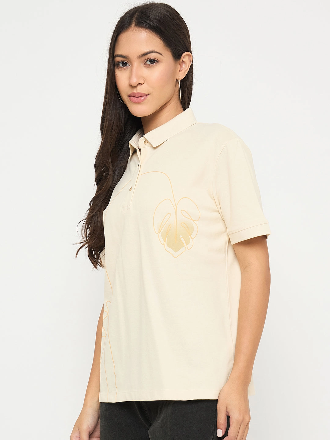 Stylish Everyday Wear Breathable knit Madame Botanical Print Beige Cotton Blend Polo T-shirt