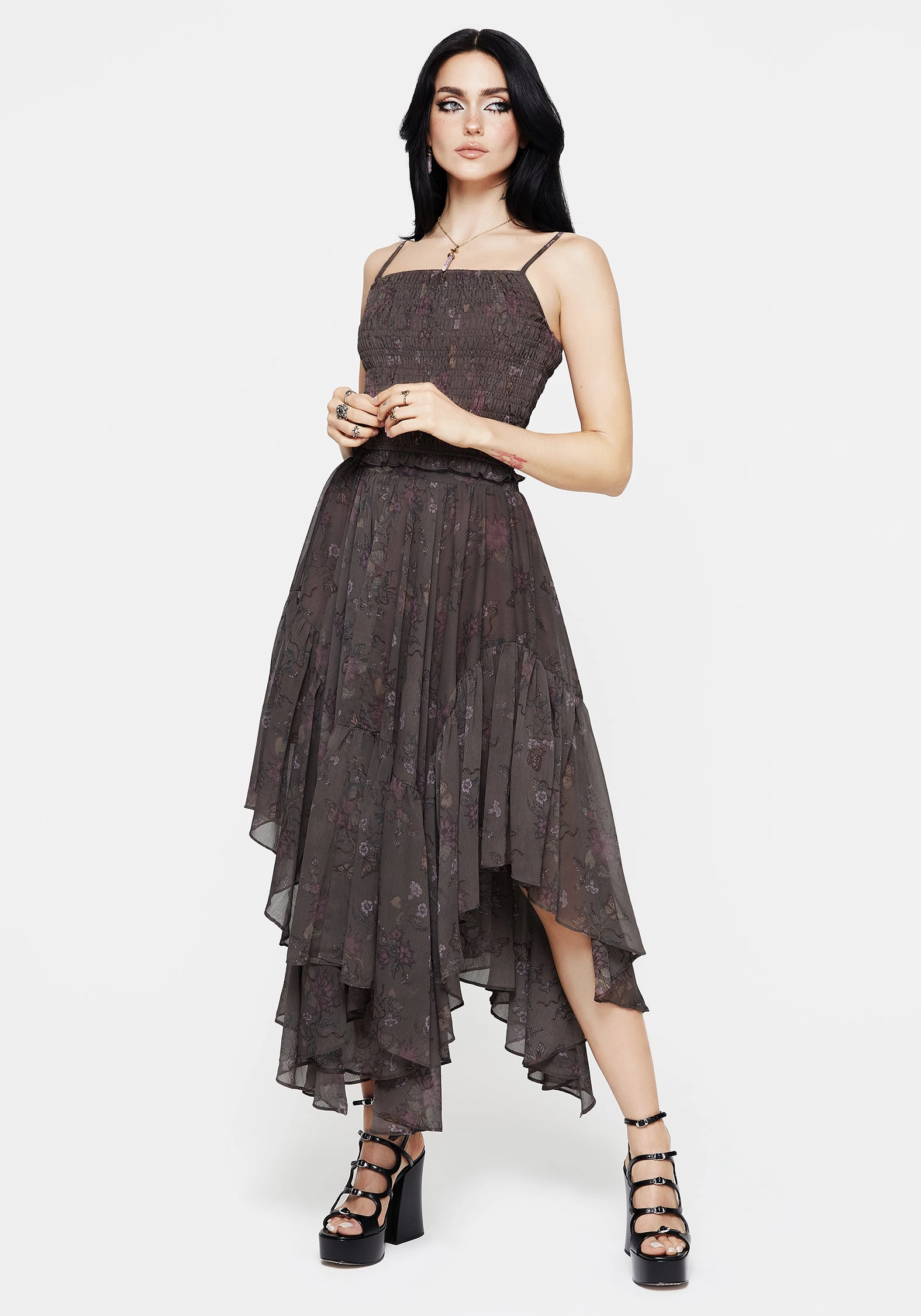Arnora Chiffon Handkerchief Hem Midaxi Skirt Classic Appeal Abstract Motif