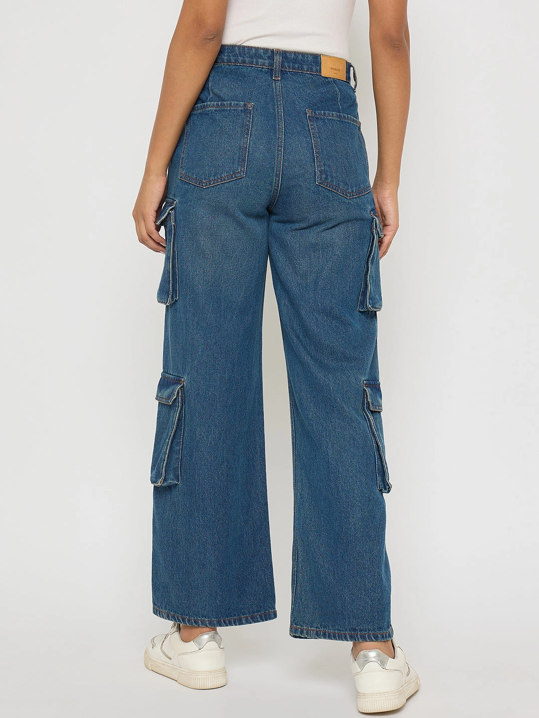 Madame Multi Pocketed Mid Blue Cotton Denim Cargo Perfect Length Sporty Appeal