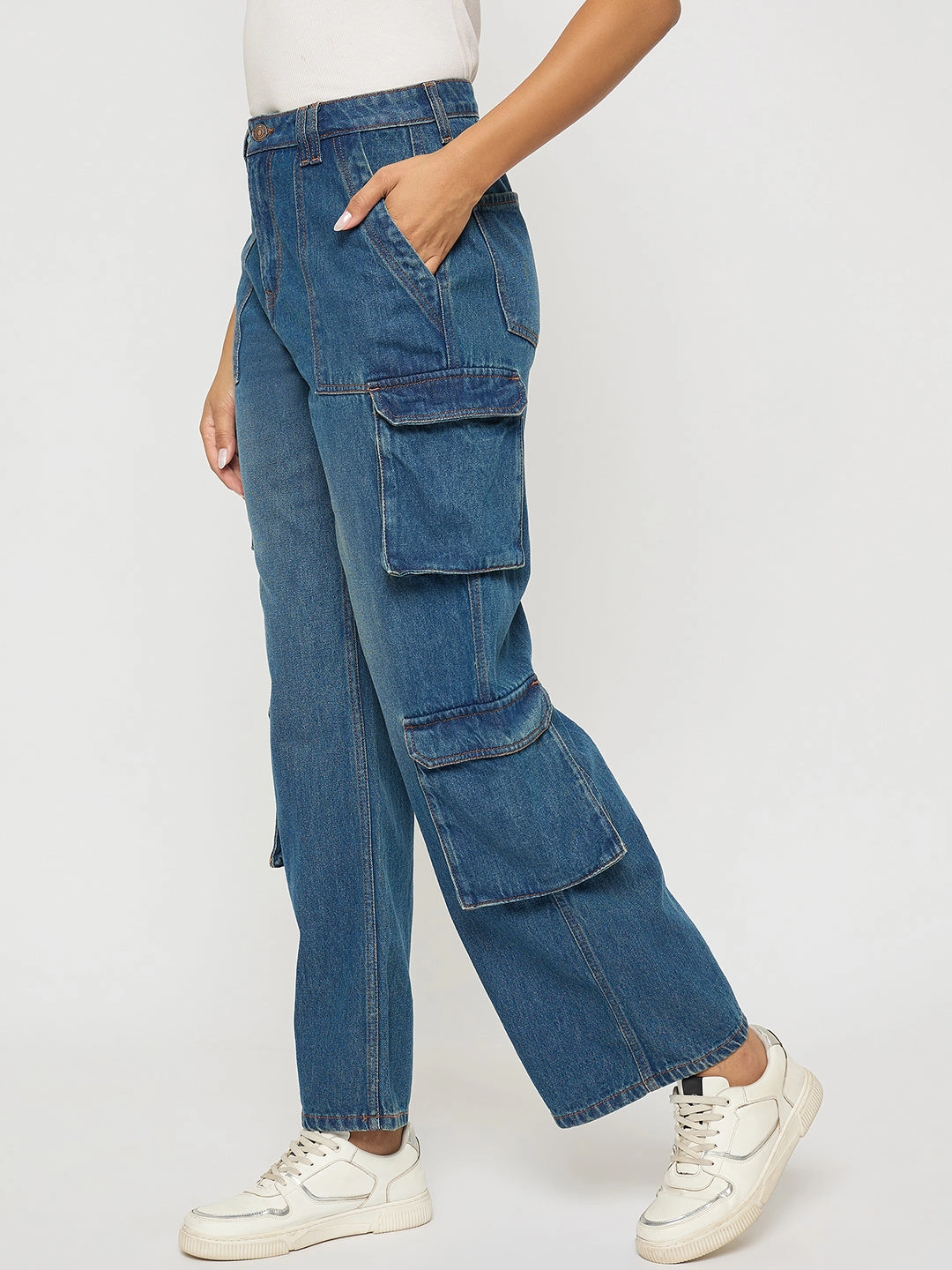 Madame Multi Pocketed Mid Blue Cotton Denim Cargo Sleek Waist Casual Must-Have
