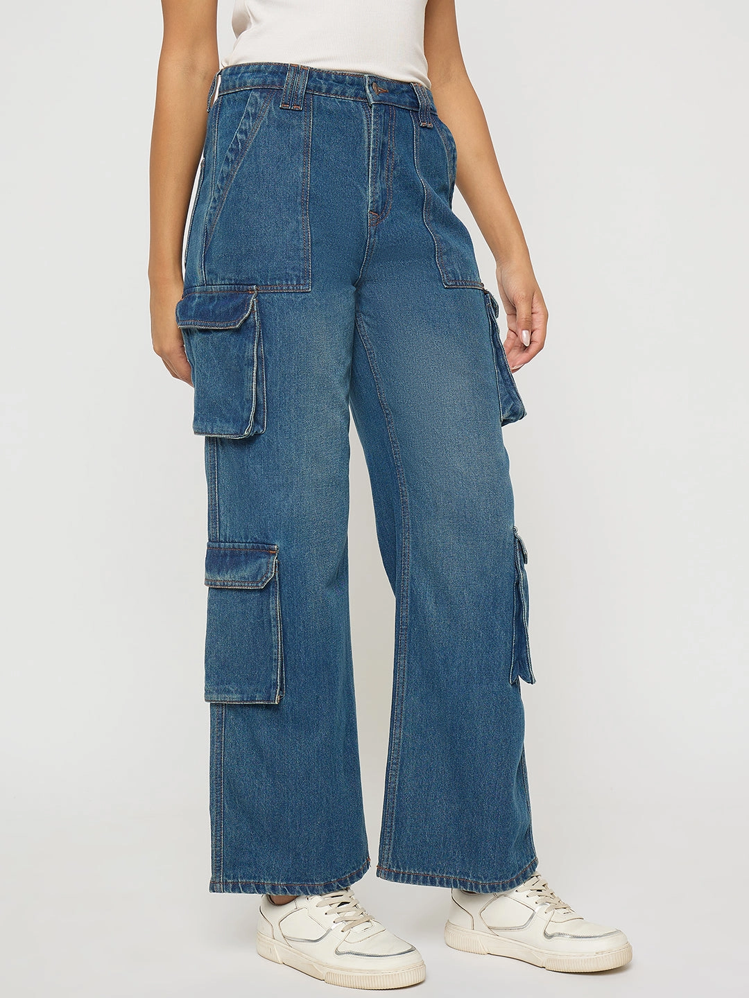 Madame Multi Pocketed Mid Blue Cotton Denim Cargo Non Slip Waistband