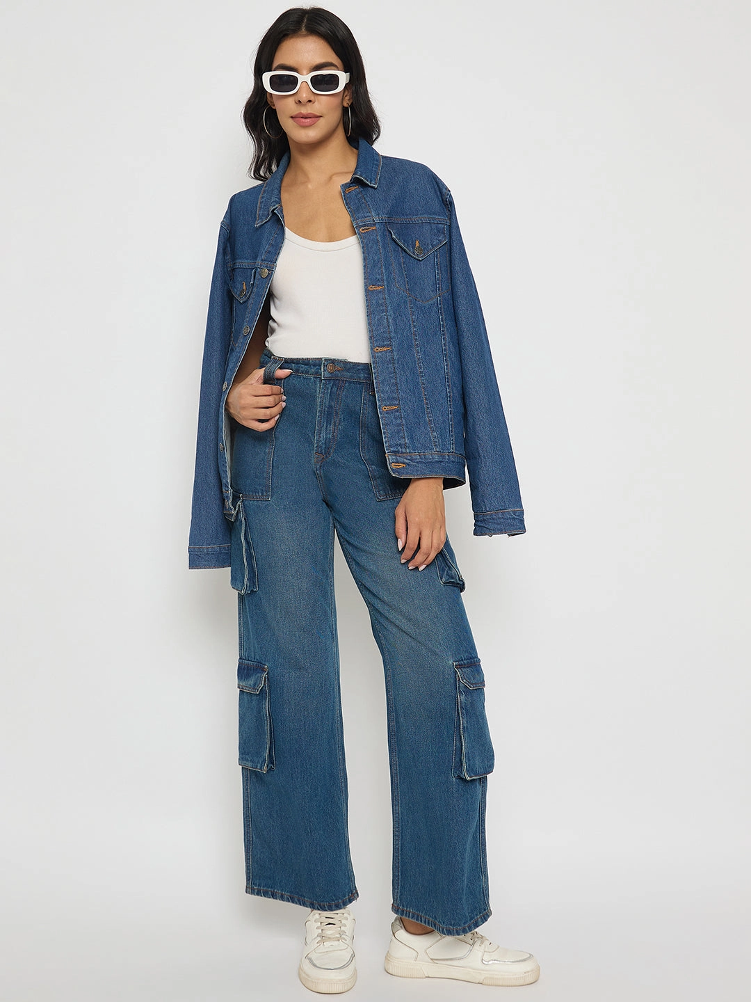 Madame Multi Pocketed Mid Blue Cotton Denim Cargo Slim Wear Design