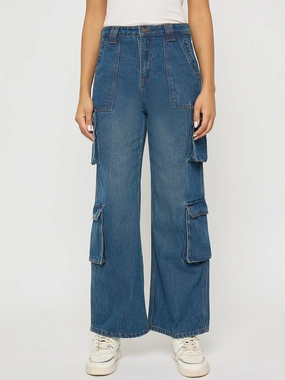 Madame Multi Pocketed Mid Blue Cotton Denim Cargo Low Profile Fasteners Chilly Day Layers