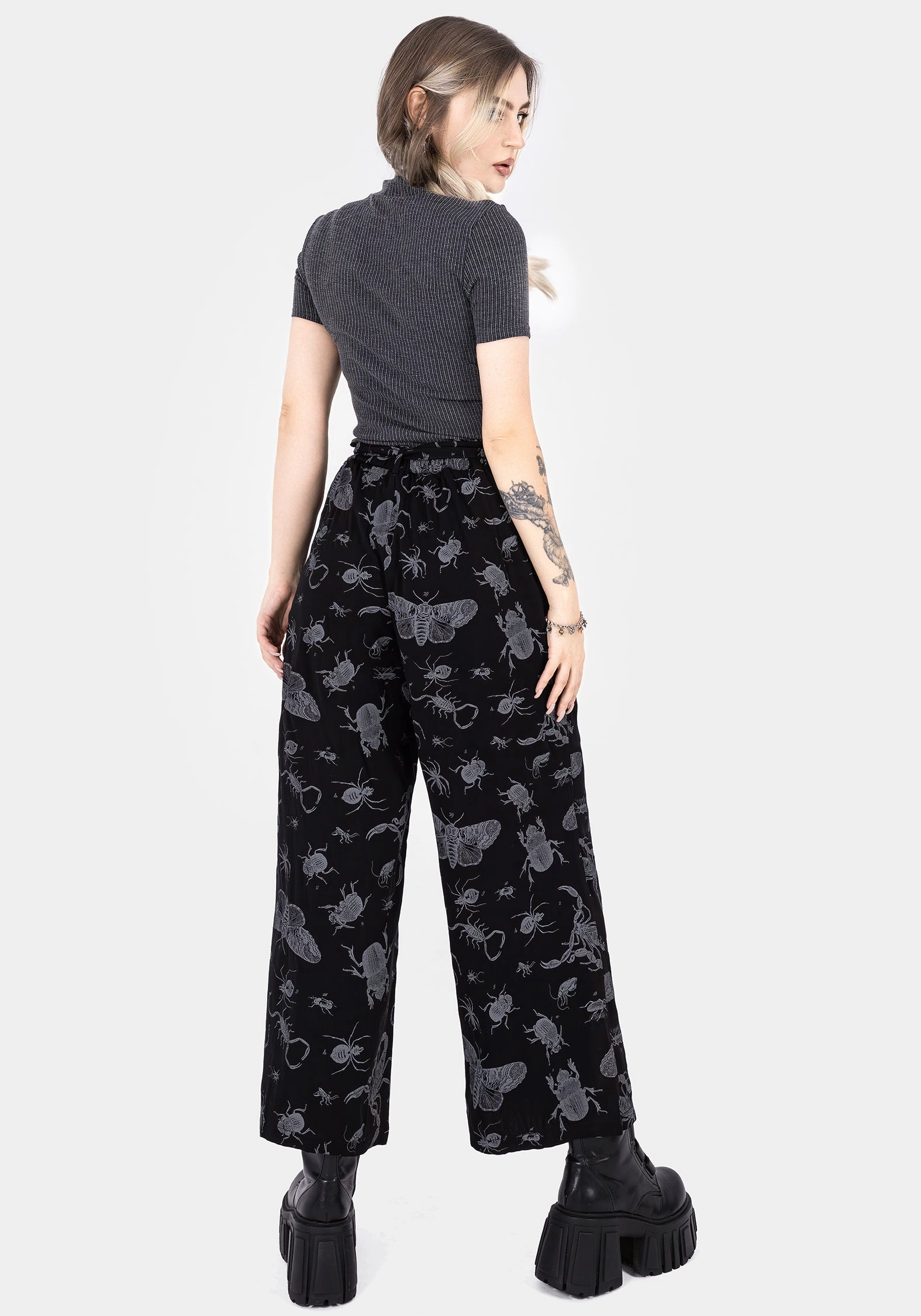 Everyday Comfort Fit elastic waistband Parasite Bugs Wide Leg Paperbag Culotte Trousers - Black