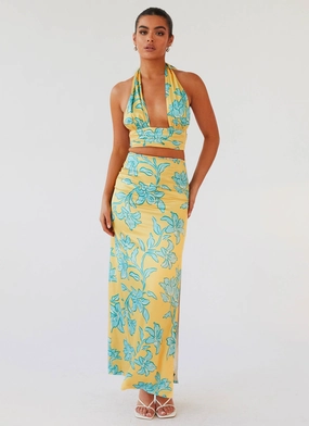 Amalia Satin Maxi Skirt - Golden Bloom Relaxed Vibe Refined Mood