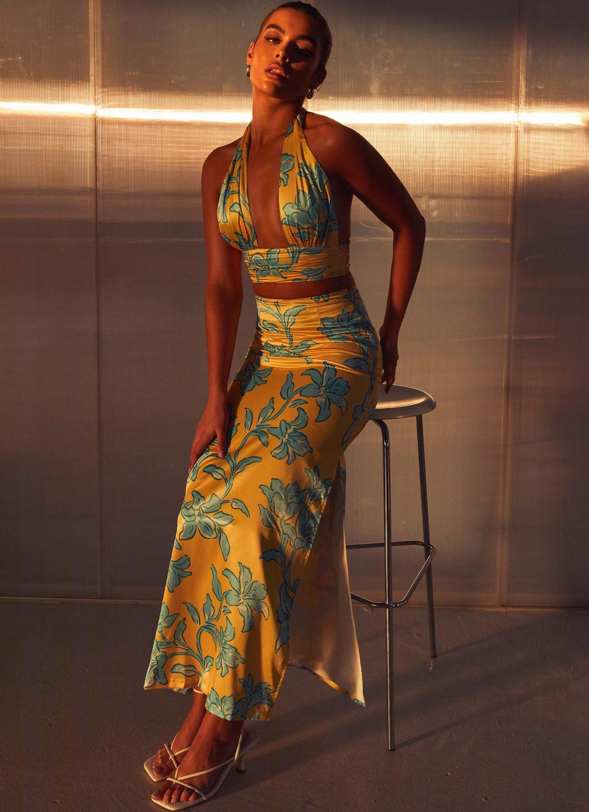 Amalia Satin Maxi Skirt - Golden Bloom Tassel accents Tiered Design