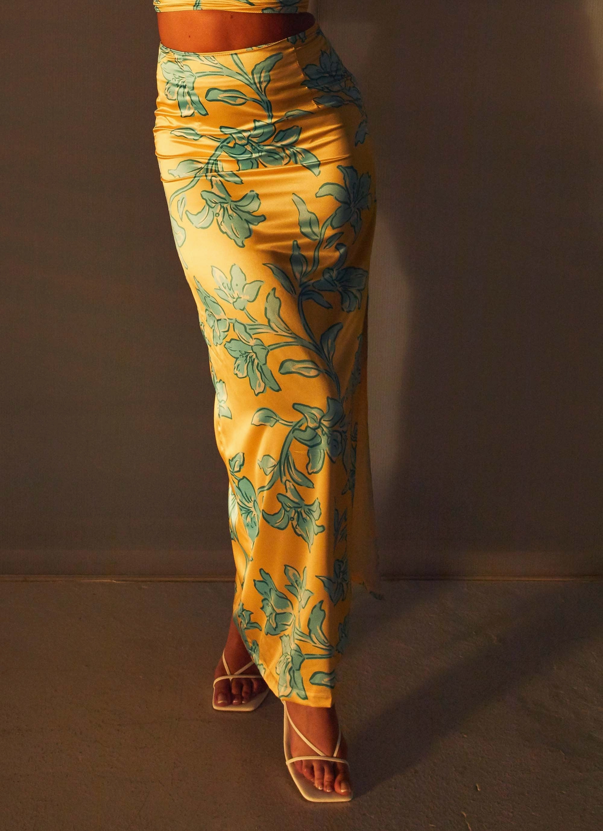 Crisscross Back Amalia Satin Maxi Skirt - Golden Bloom