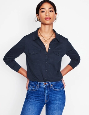 Amy Jersey Shirt-Navy Seamless Design Layered Neckline