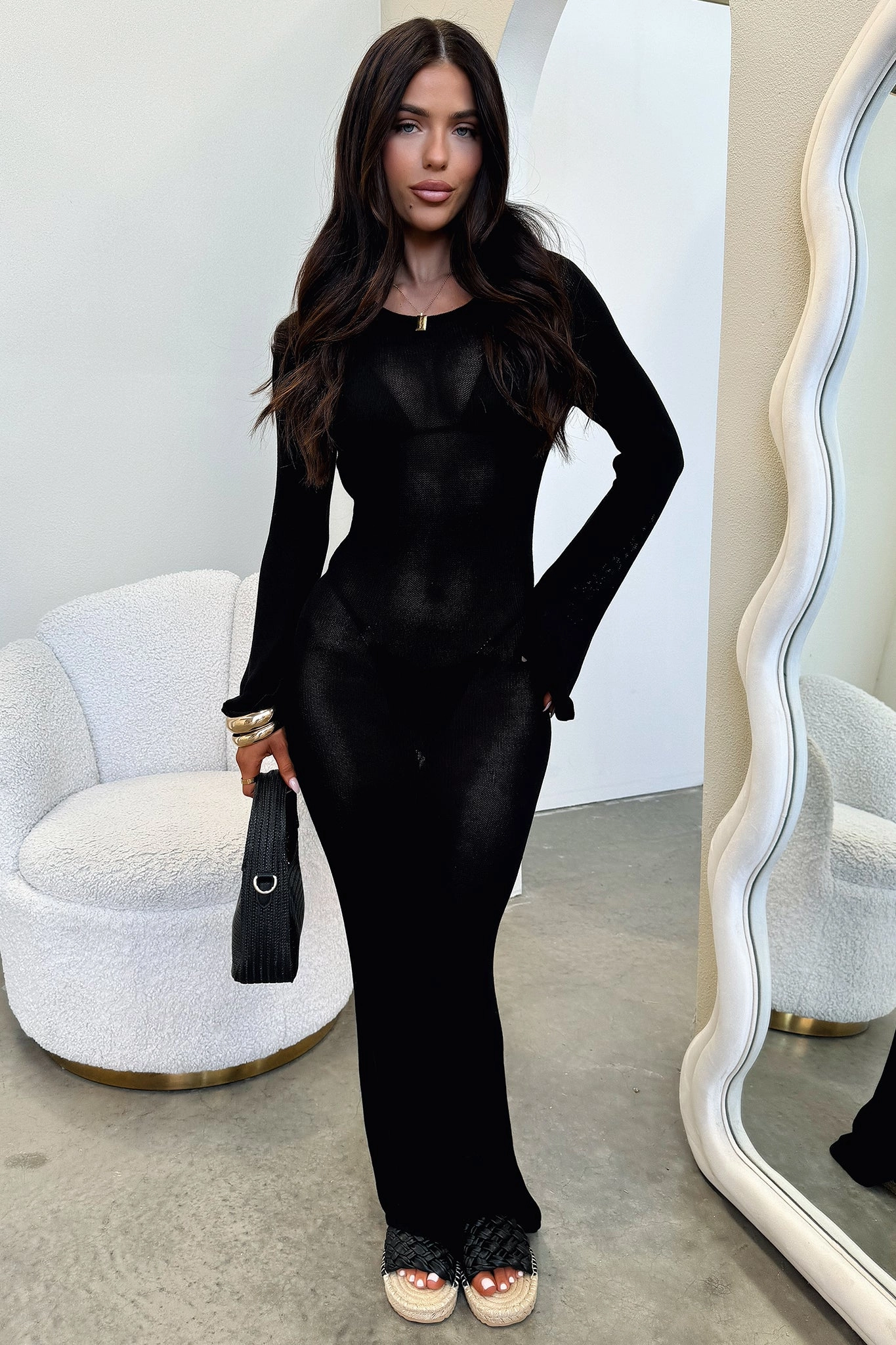 Matte Fabric Skin Glow Annem Long Sleeve Maxi Dress - Black