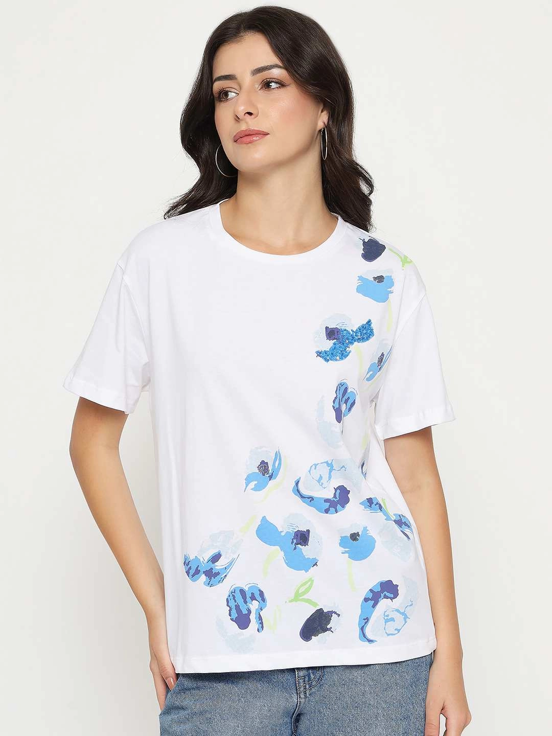 Indoor Comfort Madame Abstract Print Half Sleeve White Cotton T-shirt