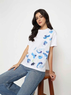 Stretchy Fit Lightweight Look Madame Abstract Print Half Sleeve White Cotton T-shirt