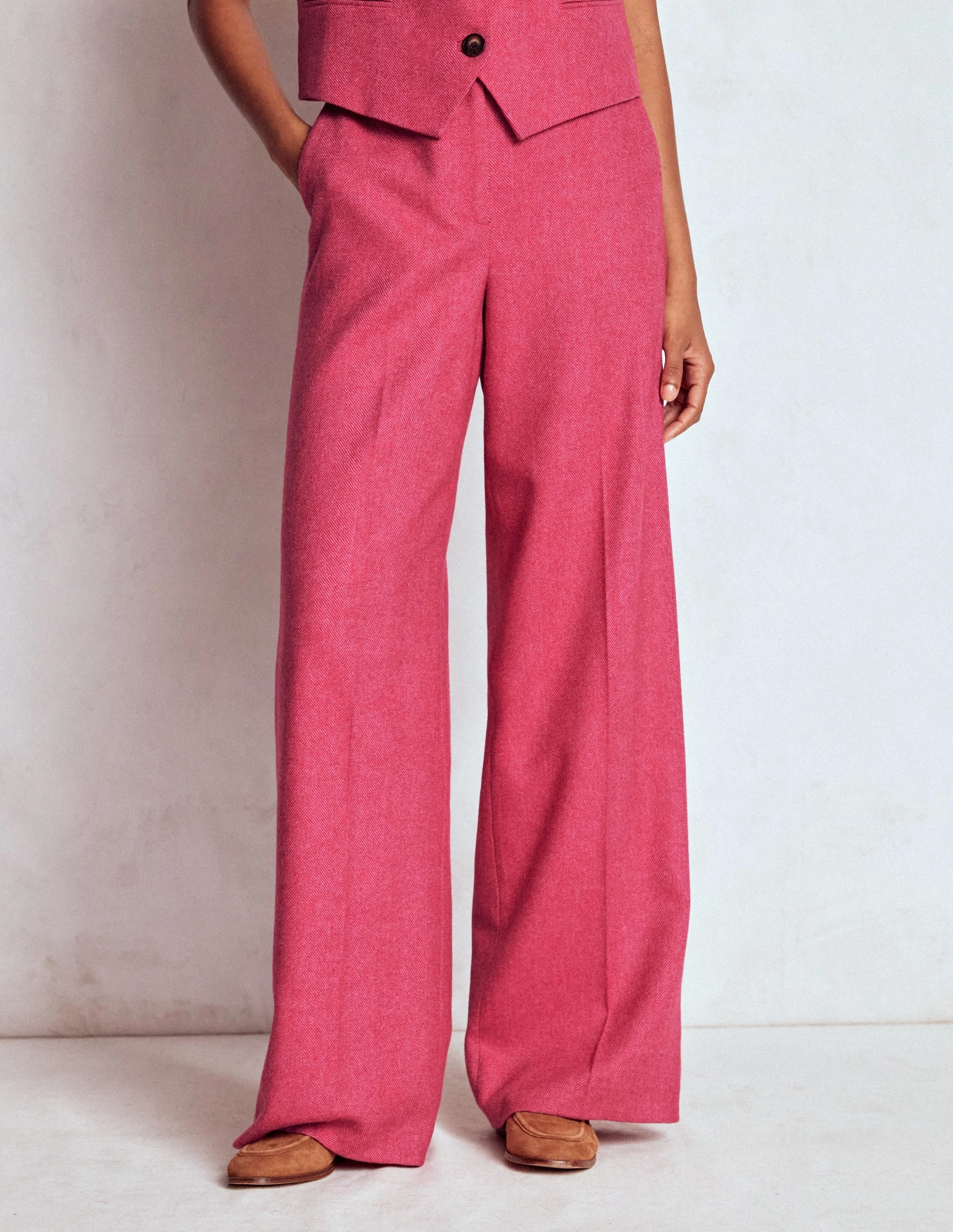 Ripstop Fabric Technology Comfy Look Belgravia Wool Trousers-Red and Pink Wide Herringbone