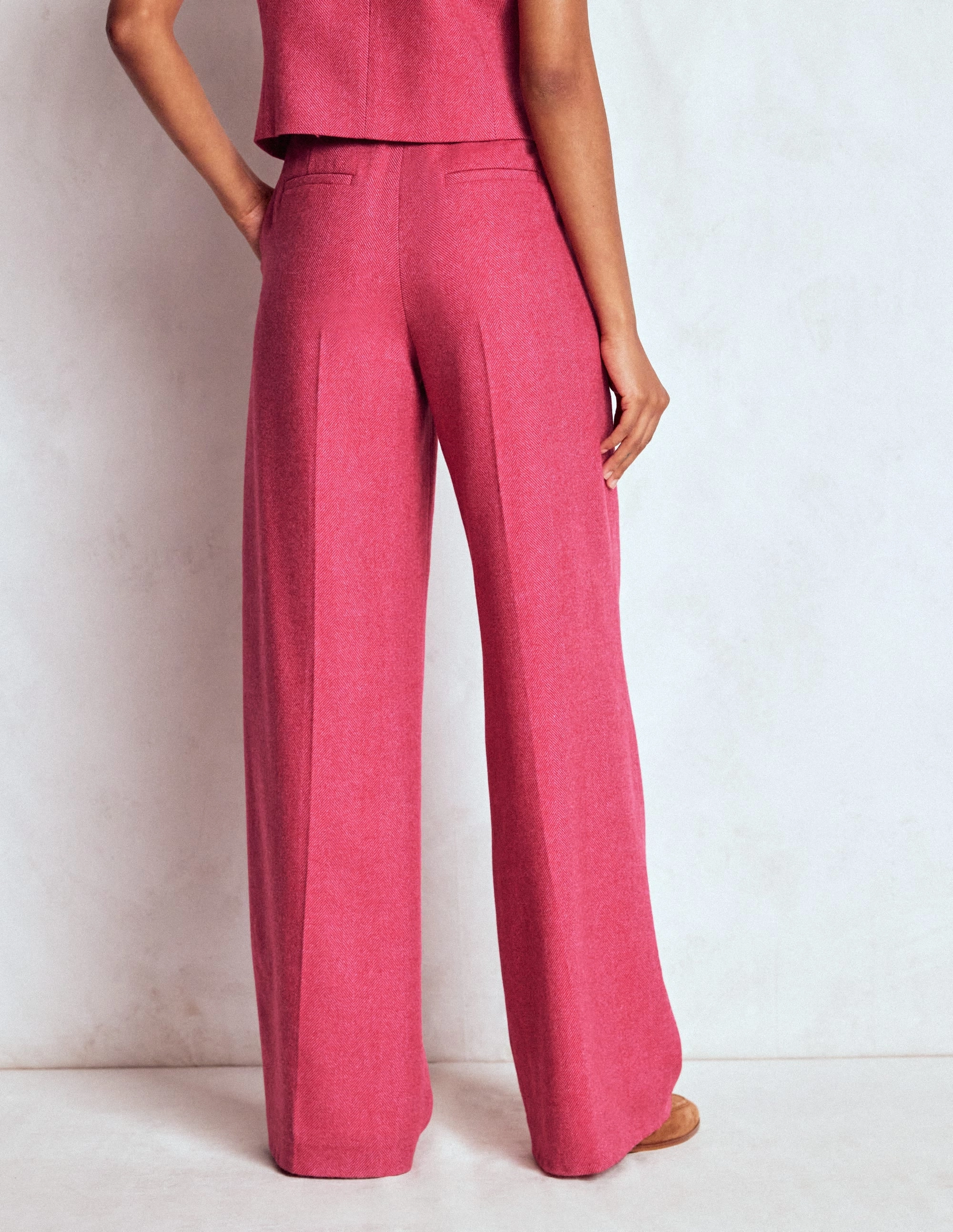 Comfy Movement Belgravia Wool Trousers-Red and Pink Wide Herringbone