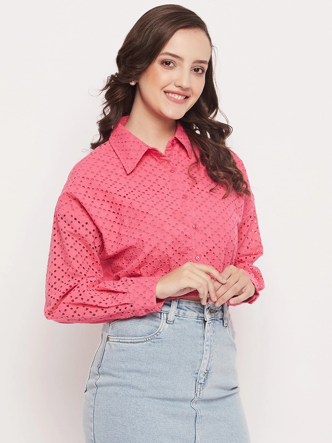 Lightweight Construction Eco Friendly Dye Madame Pink Schiffli Crop Shirt
