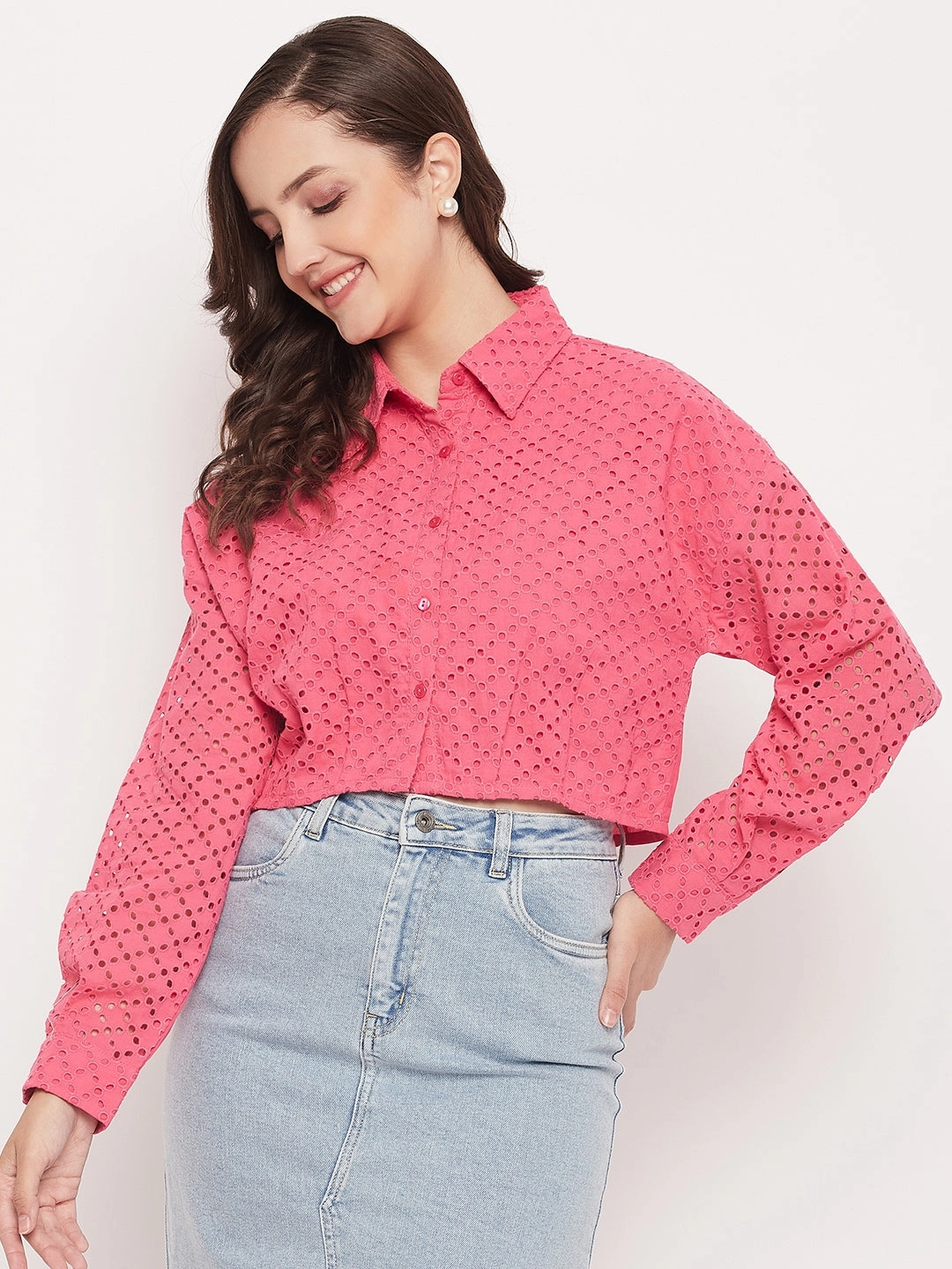 Madame Pink Schiffli Crop Shirt Weekend Outing