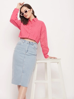 Madame Pink Schiffli Crop Shirt Minimal Look Glossy Texture