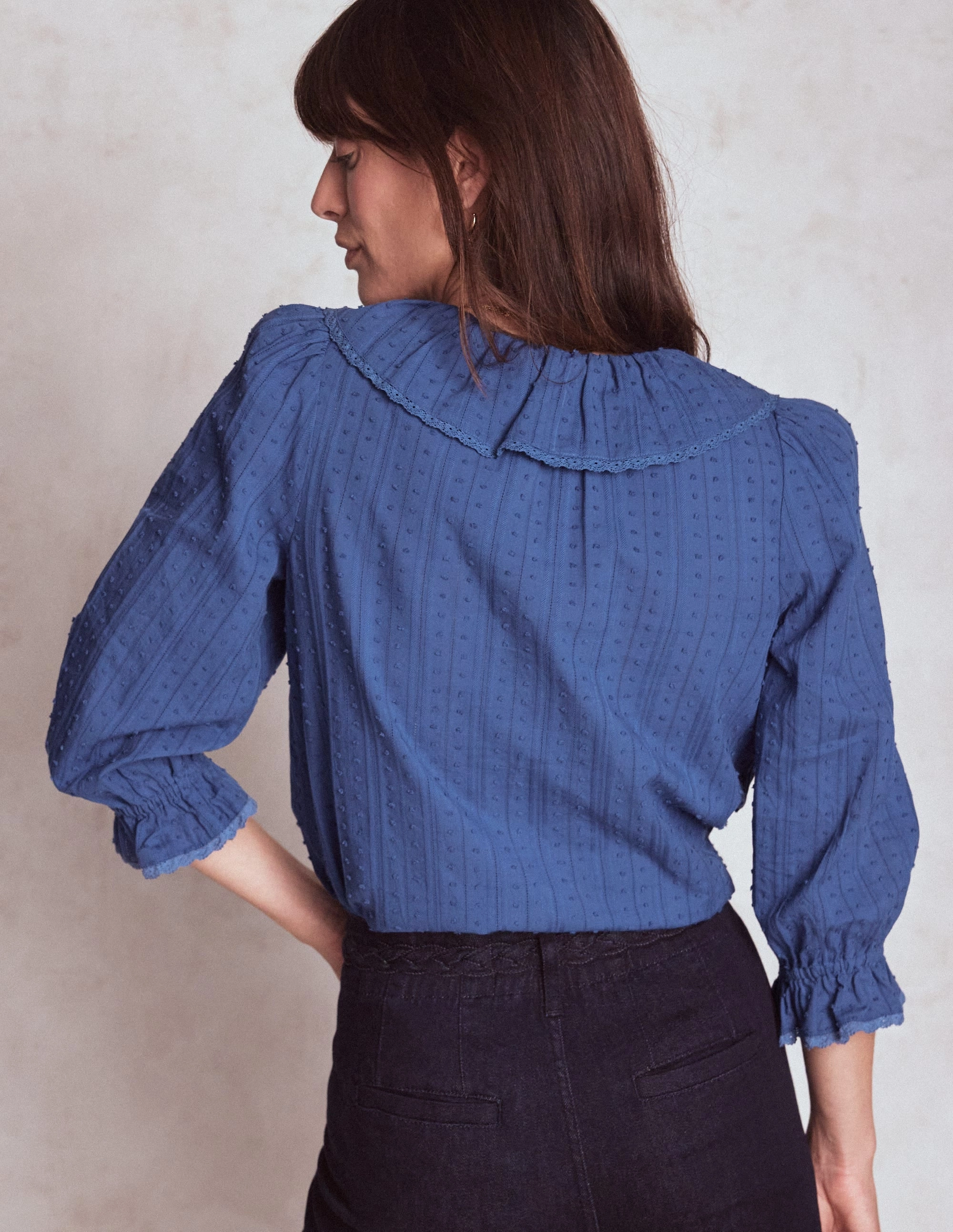 Ruffle V-Neck Blouse-Denim Blue Hidden Pocket Durable Double Stitching