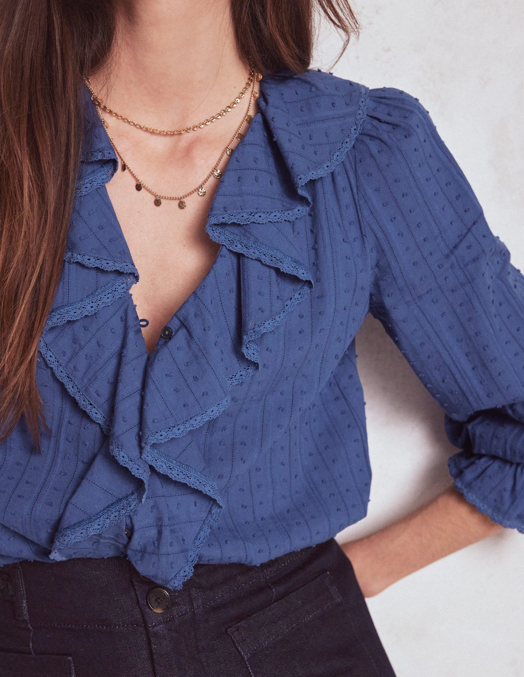 Bonded Seam Technology Ruffle V-Neck Blouse-Denim Blue
