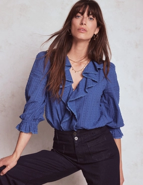 Ruffle V-Neck Blouse-Denim Blue Odor Neutralizing Technology Versatile Layering