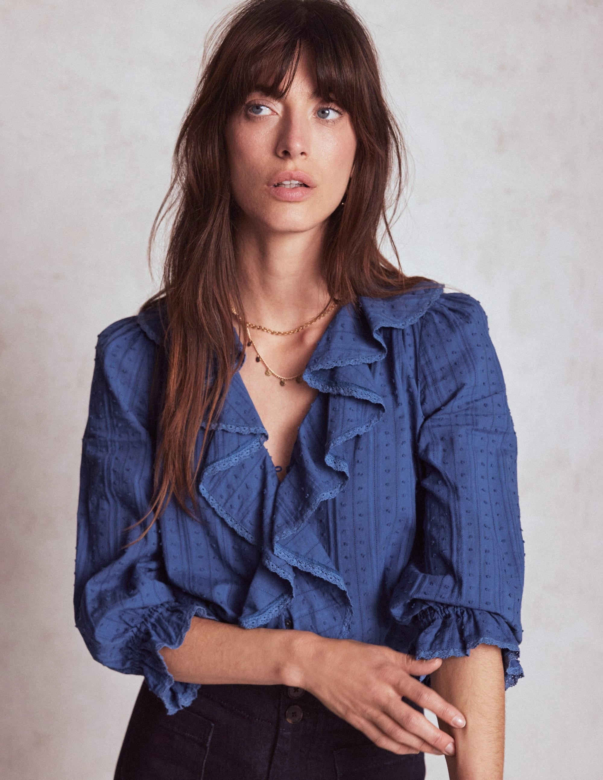 Abrasion Resistant Fabric Lightweight Layering Option Ruffle V-Neck Blouse-Denim Blue