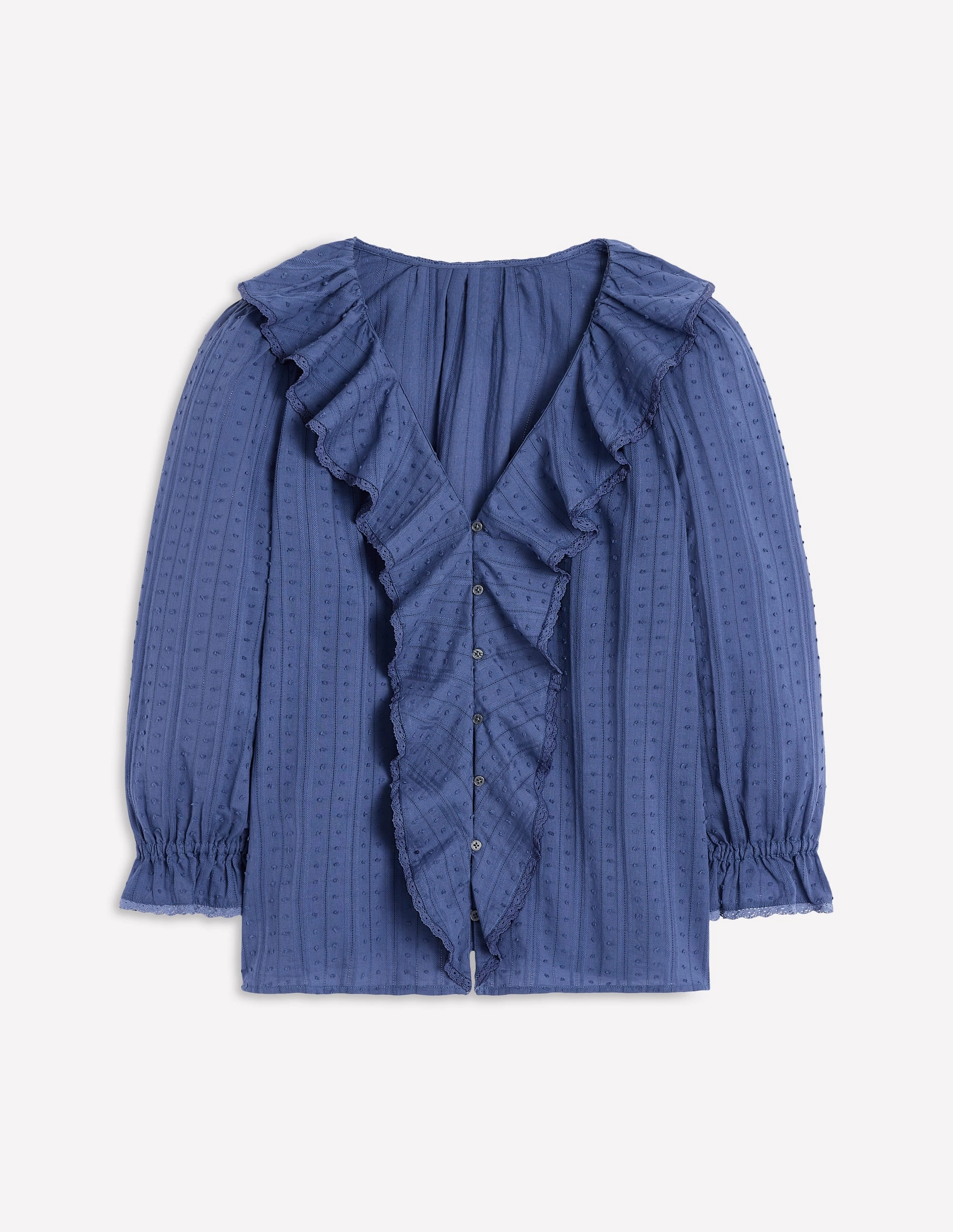 Ruffle V-Neck Blouse-Denim Blue Tencel Lyocell Fiber LayeredPanel