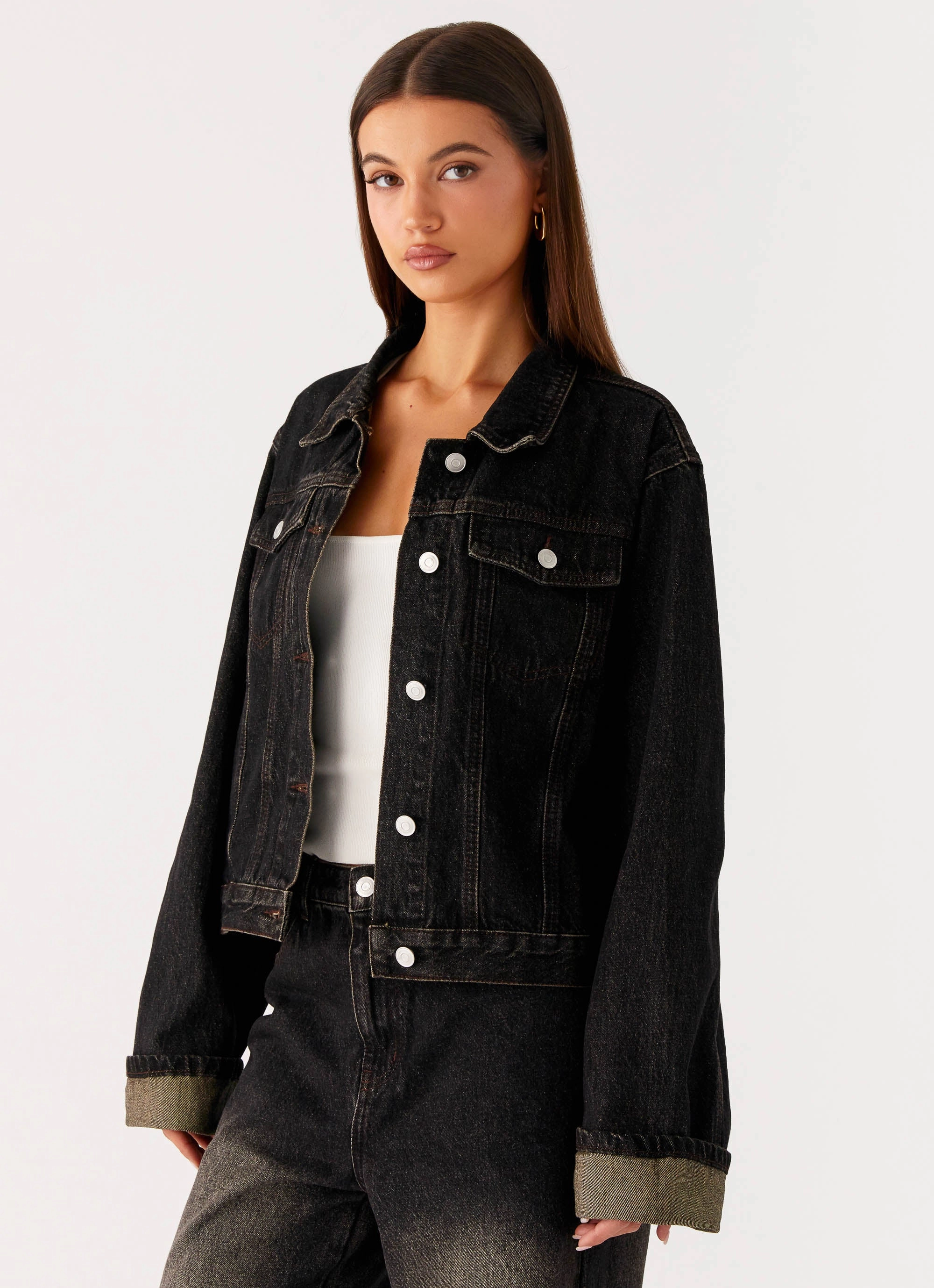Oversized style Buttery Soft Handfeel Back Again Oversized Denim Jacket - Acid Charcoal