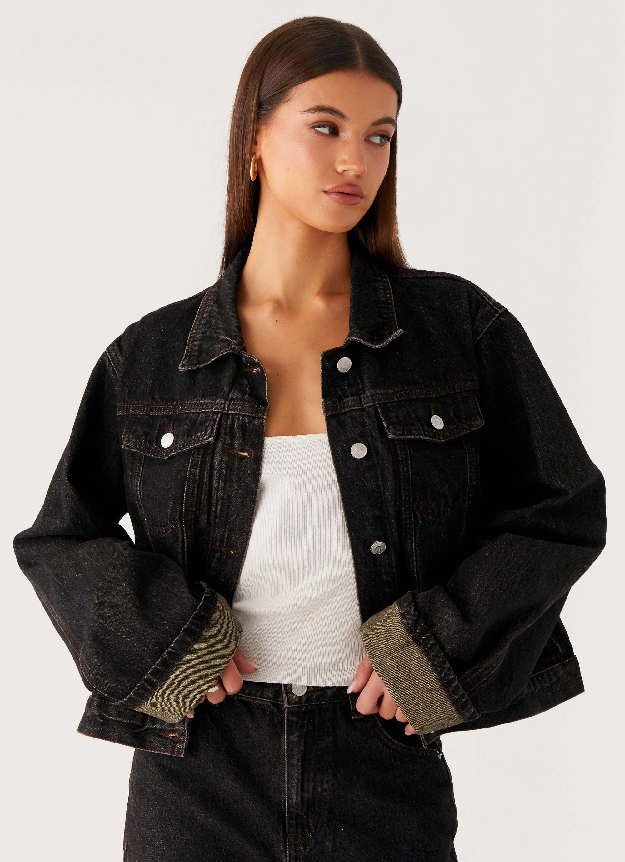 Back Again Oversized Denim Jacket - Acid Charcoal Packable design BreathableLining