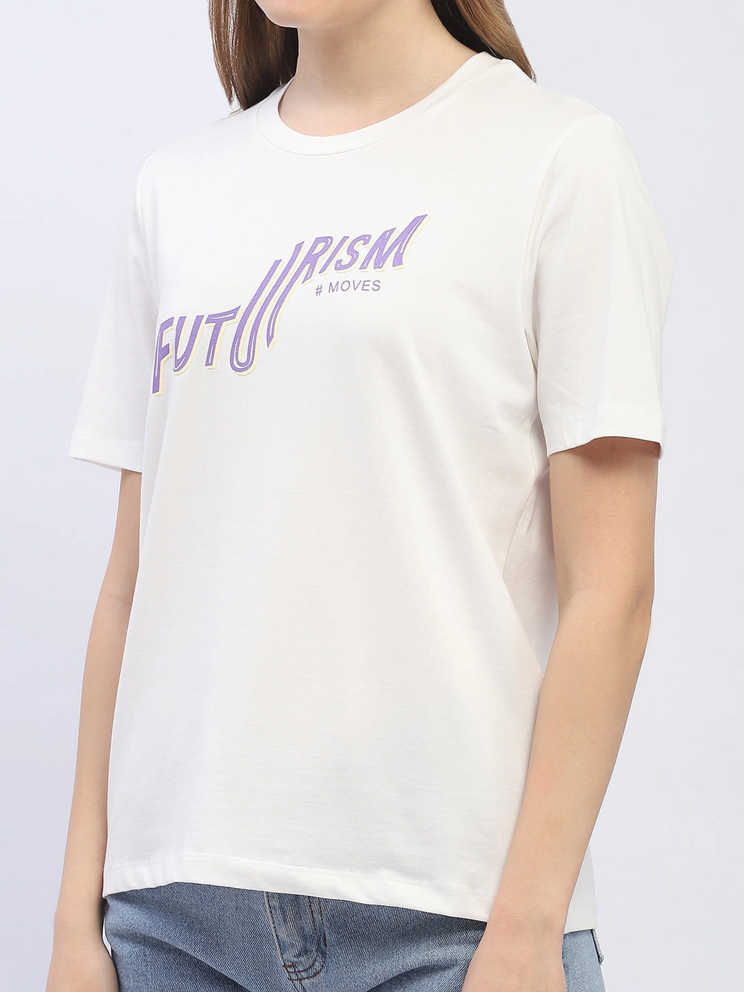 Light Stretch Sleek Layers Madame Typography White Regular T-Shirt