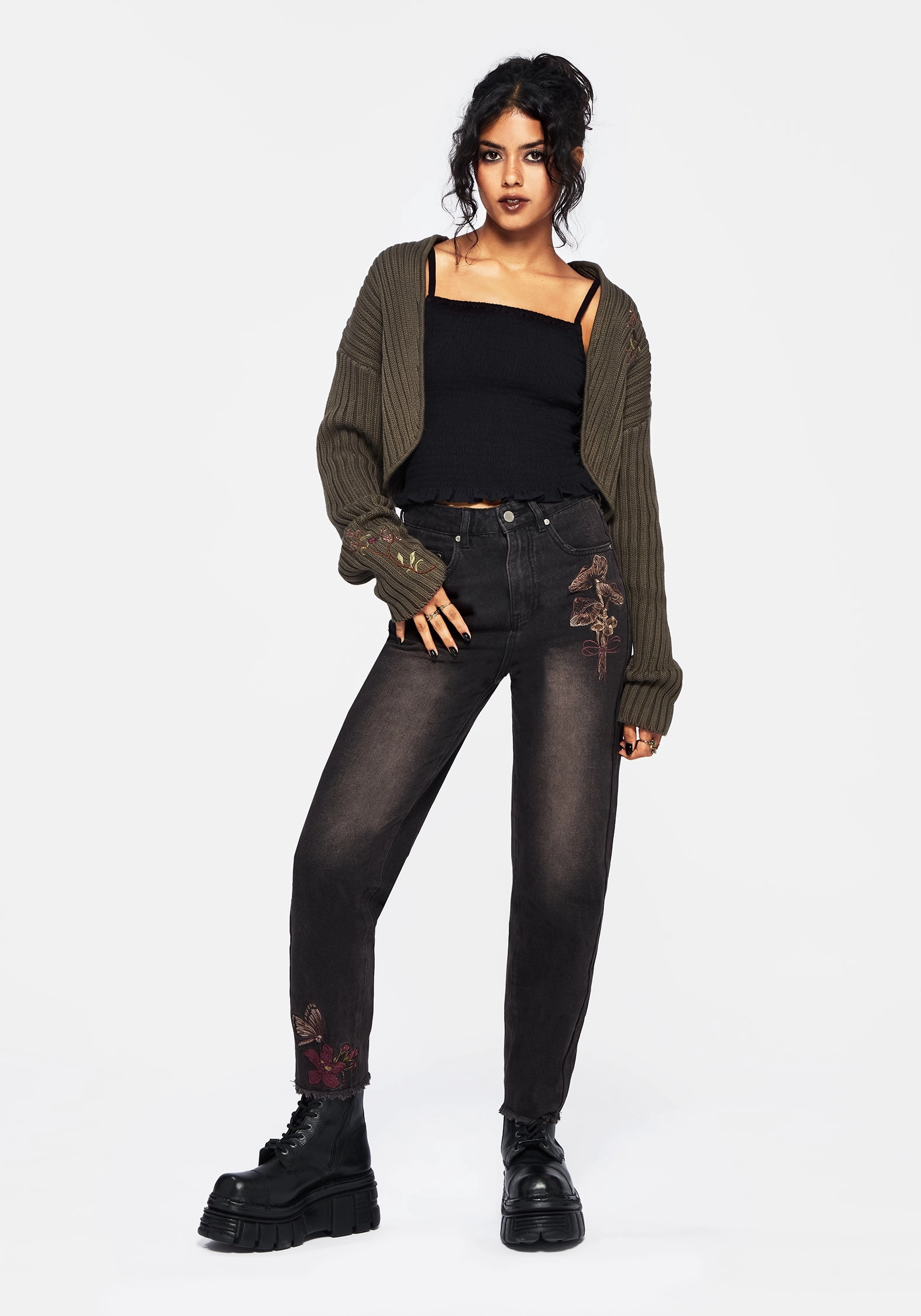 Valeria Floral Moth Embroidered Mom Jeans Timeless Fit Flexible Movement