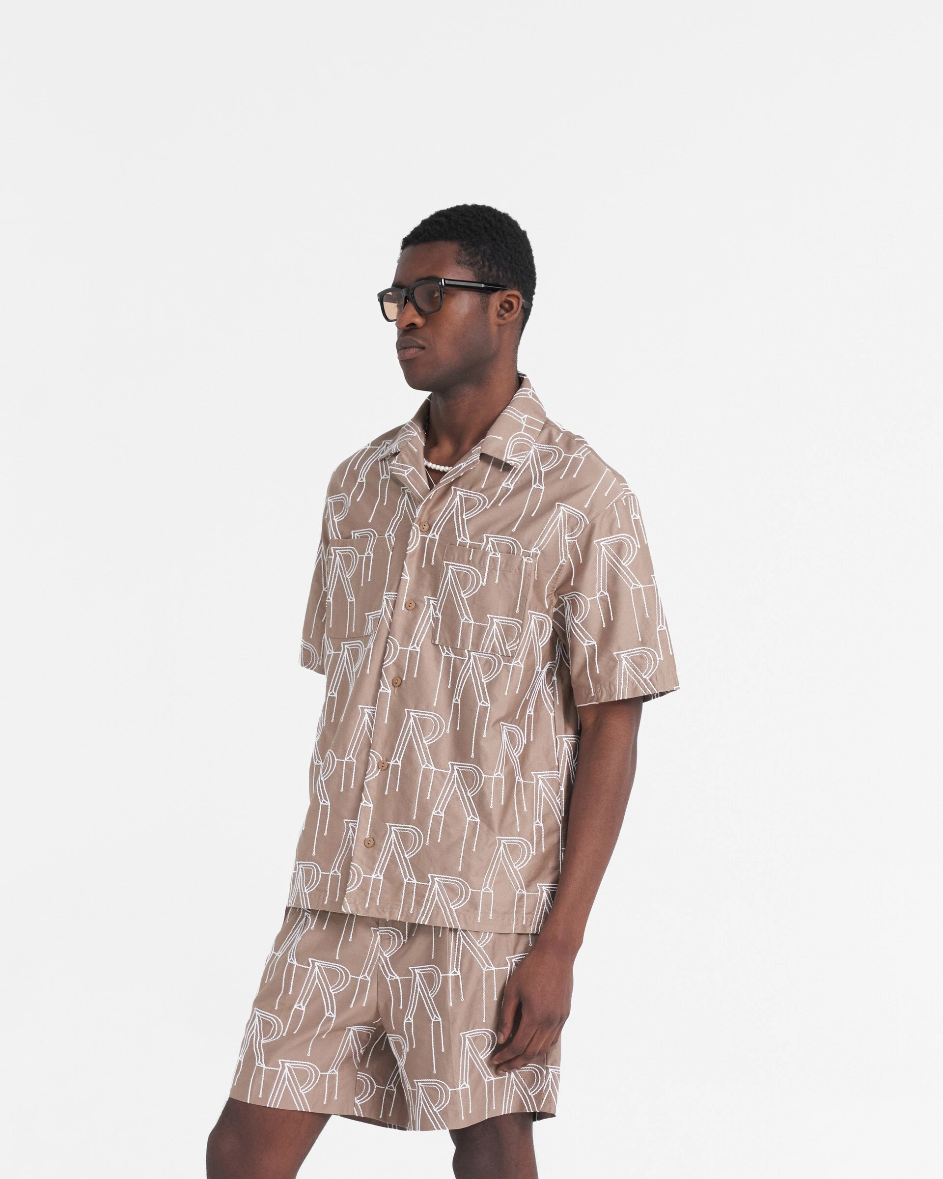 Mesh Insert Denim Blend Embroidered Initial Overshirt - Washed Taupe