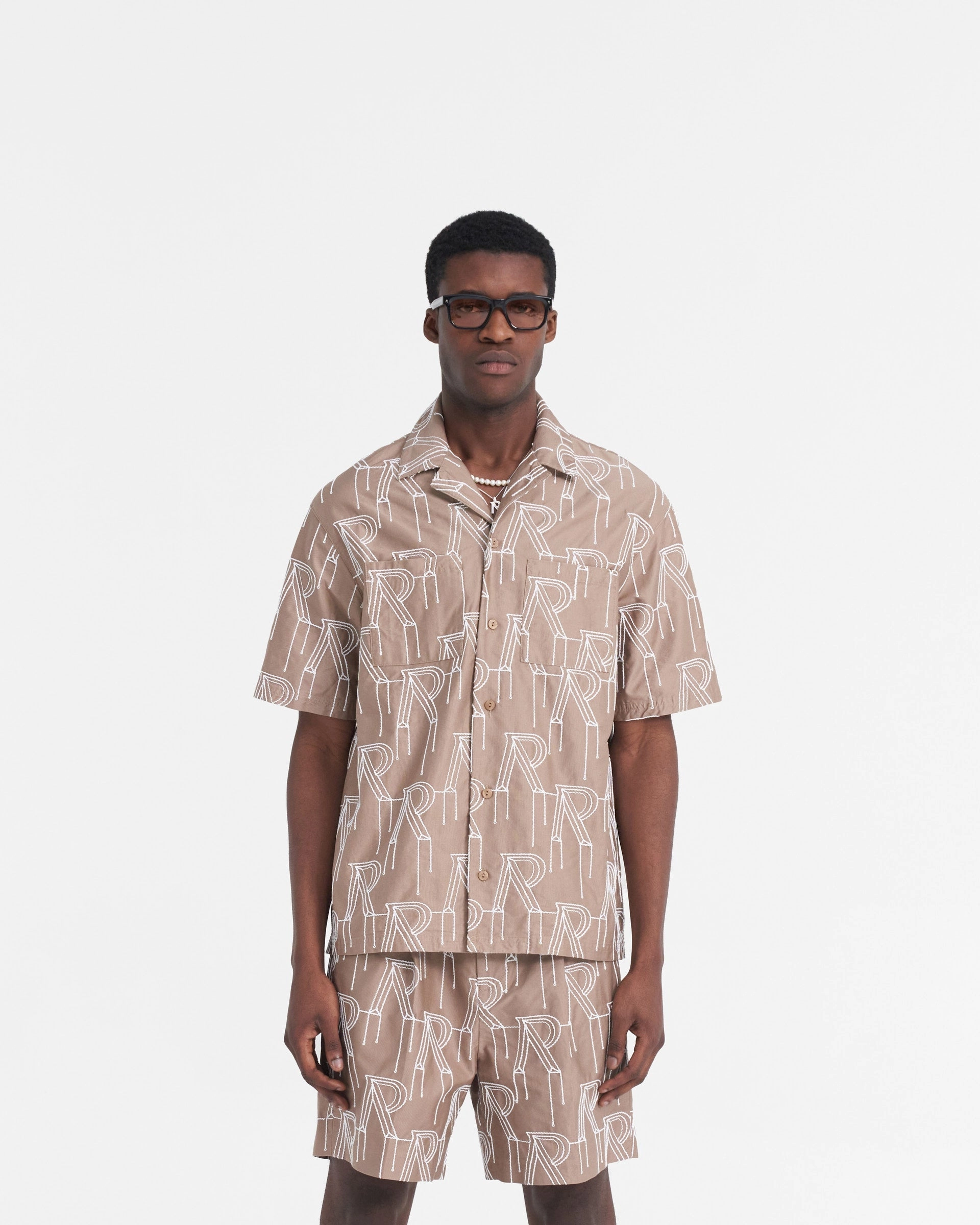 Embroidered Initial Overshirt - Washed Taupe Embellished Neckline Subtle design